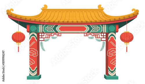 Traditional Chinese Pagoda Gate with Red Lanterns, Pine Branches, and Oriental Cloud Patterns