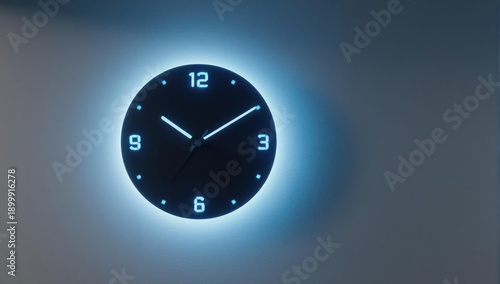 Wallpaper Mural Illuminated, dark-faced clock on a light gray wall, showing time Torontodigital.ca