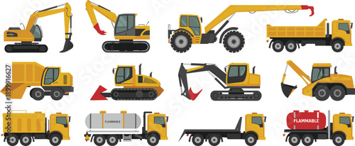Heavy construction vehicles vector set featuring excavators dump trucks tankers loaders and cranes for industrial engineering building projects illustration