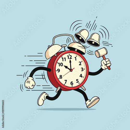 Cartoon Alarm Clock Character Running Fast.