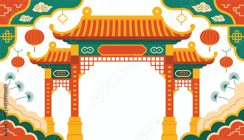 Traditional Chinese Pagoda Gate with Red Lanterns, Pine Branches, and Oriental Cloud Patterns