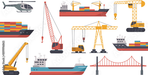 Industrial construction and port logistics vector set with cranes cargo ships helicopters bridge heavy machinery transportation engineering illustration