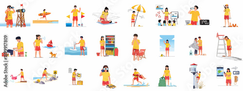 Lifeguard duties vector illustration set showing beach safety, rescue procedures, first aid, surveillance, and equipment maintenance by professional staff.