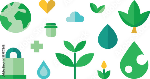 A collection of flat design icons representing environmental conservation and sustainability concepts Vector, illustration