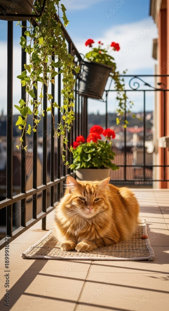 Fototapeta premium Fluffy orange feline rests comfortably on a sunlit balcony among potted plants