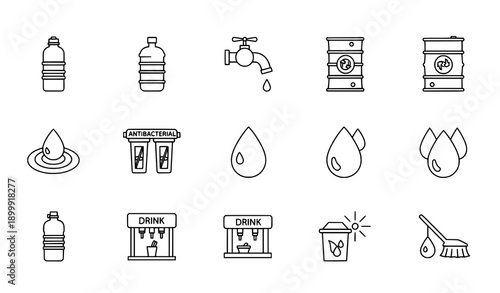 Water Drop Line Icons Vector Set for Bottles, Tap, and Filters