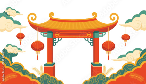 Traditional Chinese Pagoda Gate with Red Lanterns, Pine Branches, and Oriental Cloud Patterns