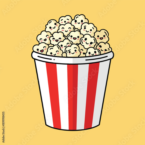Colorful cartoon popcorn bucket full.
