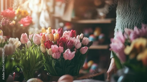 Florist arranging colorful tulip bouquet in shop