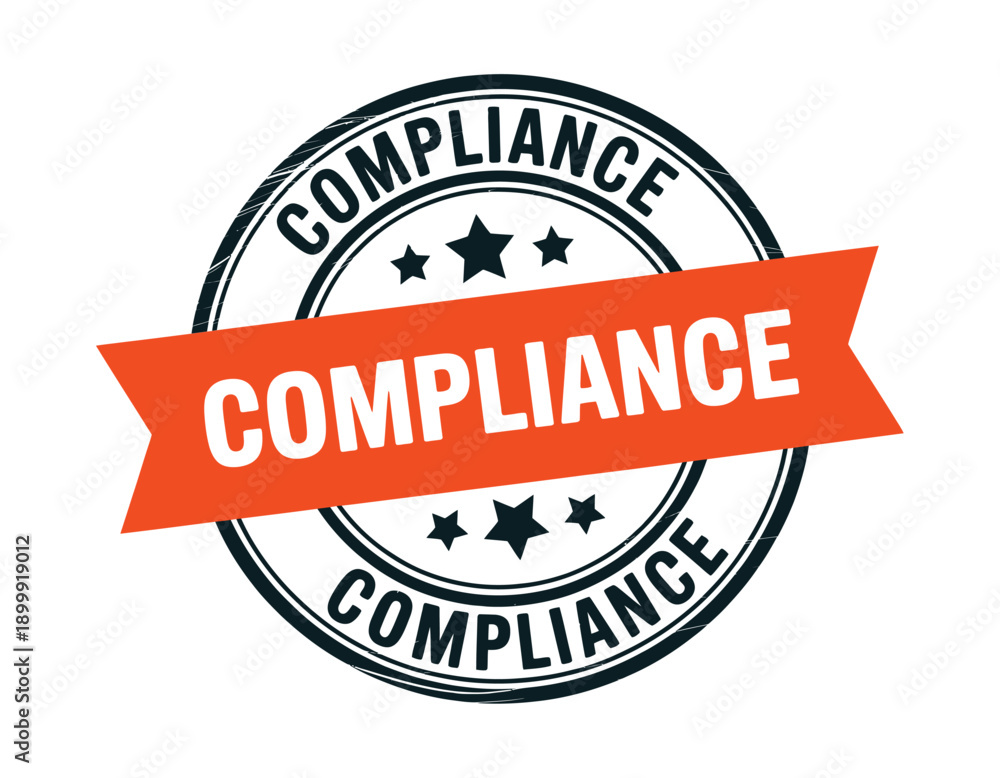 Fototapeta premium Compliance stamp with orange banner and black text on white background