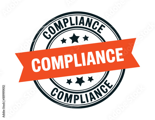 Compliance stamp with orange banner and black text on white background