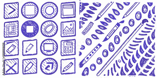 Collection of hand drawn office supplies and geometric shapes in blue