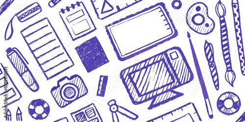 Doodle style pattern featuring various school and office supplies