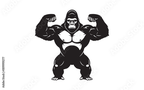 Strong gorilla flexing muscles silhouette vector illustration. Angry ape bodybuilder mascot for gym and fitness logo. Power animal icon design.