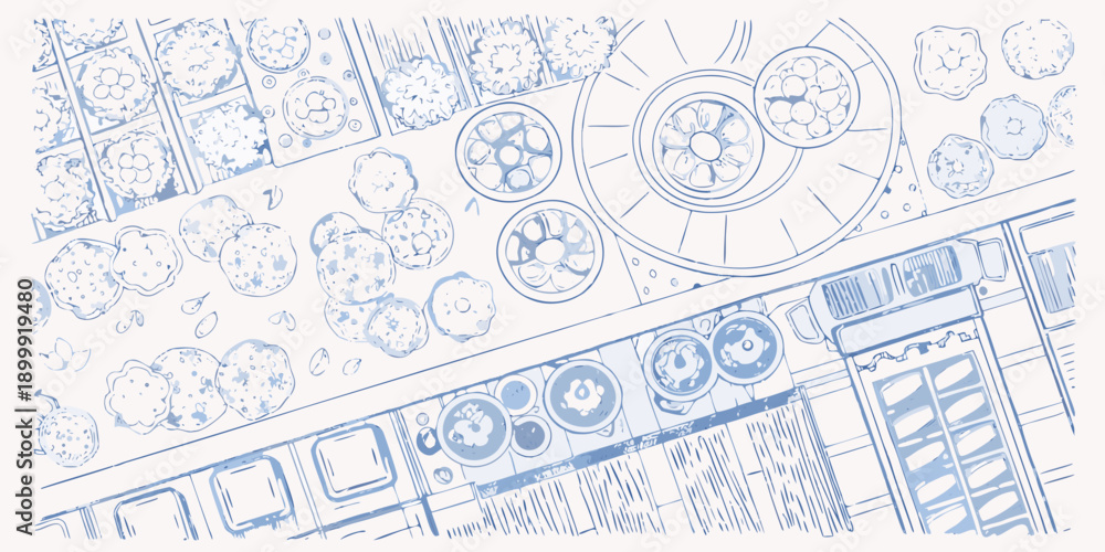 Obraz premium An overhead sketch of a bakery display case filled with various pastries