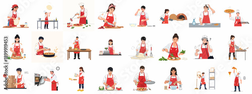 Pizza Making Process and Restaurant Operations Vector Set: Chefs, cooks, and staff preparing dough, adding toppings, baking, serving, cleaning, and handling delivery orders.