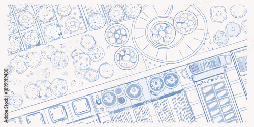 An overhead sketch of a bakery display case filled with various pastries