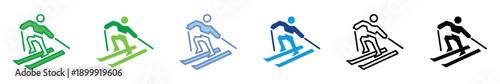 Downhill Skiing Athlete Icon Set, Alpine Ski Sport Pictogram in Flat and Outline Style for Winter Sports