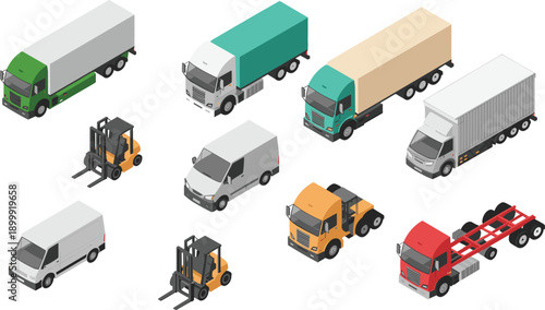 Isometric logistics transport vehicles vector set with delivery trucks vans forklifts trailers isolated freight shipping supply chain icons industry commercial