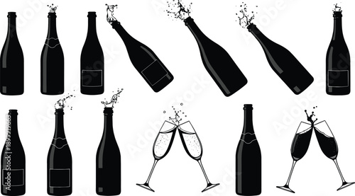 Black silhouette illustrations of champagne bottles and glasses with popping corks and bubbles for celebration, party, and festive vector design.