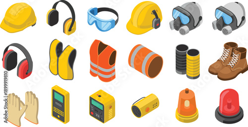 Isometric personal protective equipment illustration set featuring safety helmet gloves boots mask vest earmuffs for construction industrial workplace protection