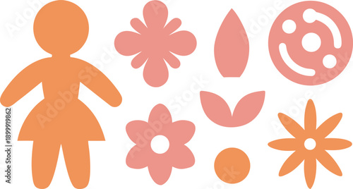 A collection of simple, stylized graphic elements including a figure, flowers, and abstract shapes in pastel orange and pink hues. isolated on transparent background, Vector, illustration