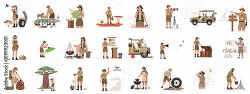 Safari Rangers and Wildlife Explorers Vector Set: Guiding, Tracking, Camping, Photography, and Professional Duties in the Wilderness.