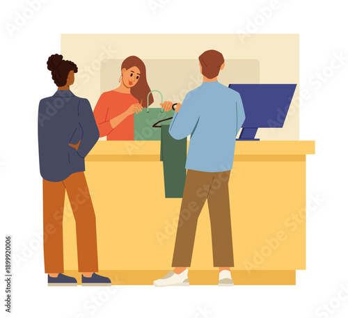Сustomers at counter desk in fashion boutique store. Cashier at checkout packing purchase in bag. Buying and paying for clothes. Flat vector illustration.