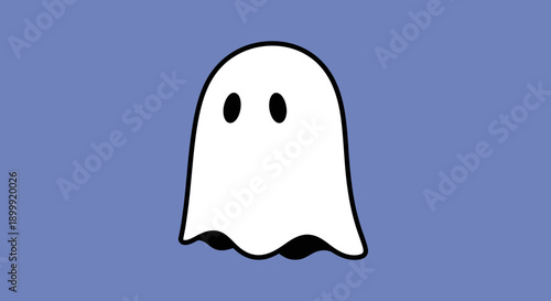 Cute cartoon ghost character, simple white sheet ghost with black eyes on blue background