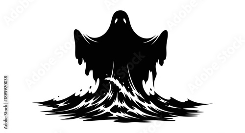 Spooky Black Ghost Silhouette Emerging From Dark Water Waves, Halloween Concept
