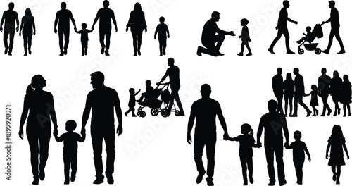 Black silhouette illustrations of family and caregiving scenes showing parenting, walking, bonding, and child care for lifestyle vector design use.
