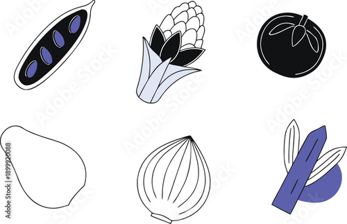 Minimalist vegetable graphic icons featuring pea pod corn tomato avocado onion and asparagus illustrations