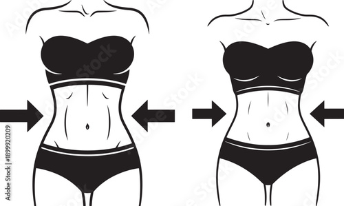 Silhouette of a woman's torso showing before and after weight loss or body transformation with arrows indicating shrinking waistline