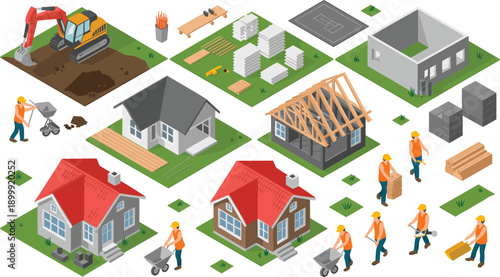 Isometric residential house construction vector illustration showing building stages workers materials tools foundation framing roofing home development process architecture design