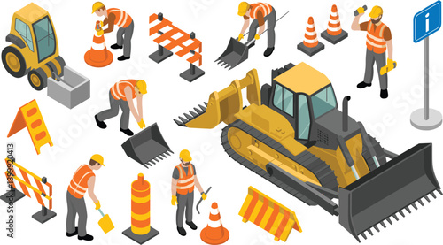 Isometric road construction illustration showing workers bulldozer safety barriers traffic cones machinery for urban infrastructure repair development vector set