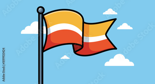 Waving Flag on Pole Against Blue Sky with Clouds - Vector Illustration