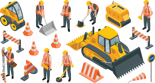 Isometric road construction workers and heavy machinery illustration with bulldozer safety barriers traffic cones for infrastructure development vector set