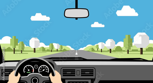 Driving a Car on a Sunny Day Road Trip, POV View