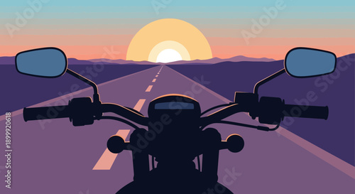 Motorcycle Rider's View at Sunset on Open Road, Adventure Journey