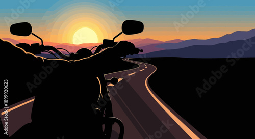 Motorcycle ride on winding road at sunset, pixel art style