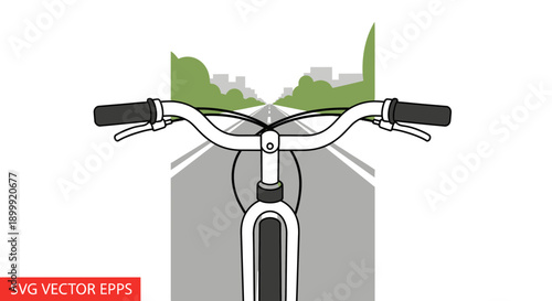 Bicycle handlebars on road with city skyline in background, vector illustration