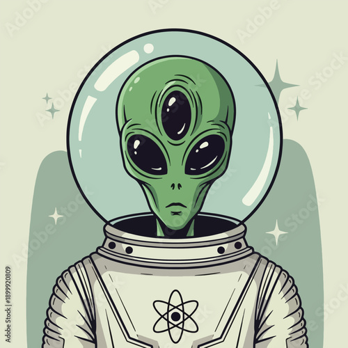 Green alien in spacesuit helmet.