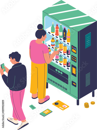 Isometric vending machine illustration with people purchasing beverages using mobile and cashless payment methods in modern automated retail concept