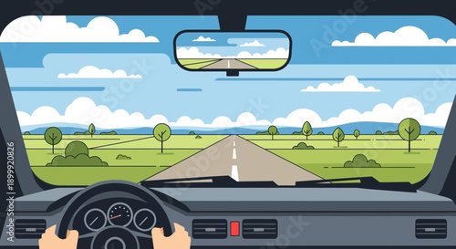 Driving on a scenic highway through green countryside under a blue sky with clouds.