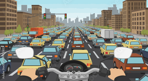 Motorcycle POV in Heavy City Traffic Jam, Cars Congestion, Urban Commute