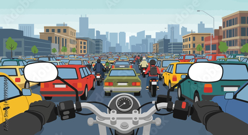 Motorcycle Rider POV in Busy City Traffic Jam