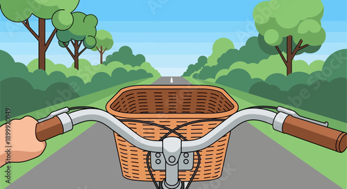 POV cycling on road with basket, lush green trees, summer day, blue sky