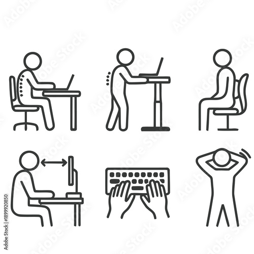 Ergonomic Workplace Icons. Line style icons of chiropractic care: workplace ergonomics, standing desk pose, lumbar chair support,