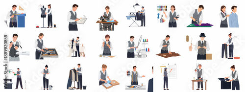 Tailoring and Sewing Professions: Illustrations showing skilled seamstresses and tailors performing custom garment creation, including measuring, cutting, and finishing work.