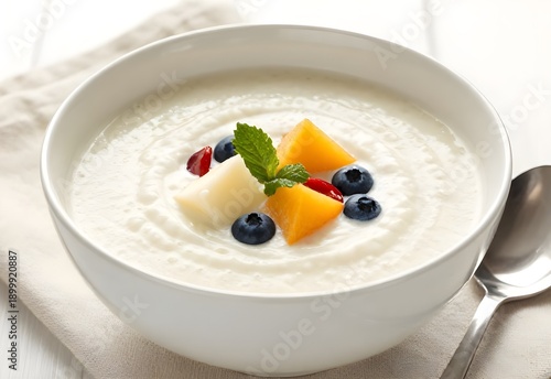 A bowl of creamy yogurt with fresh fruits and berries served as a healthy and delicious breakfast